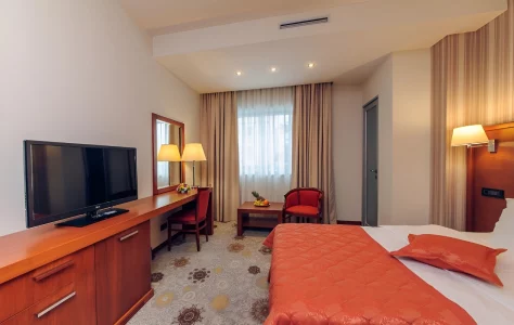 Comfortable double room at Kings Park Hotel in Podgorica with a plush bed, a work desk with a TV, and tasteful decor.